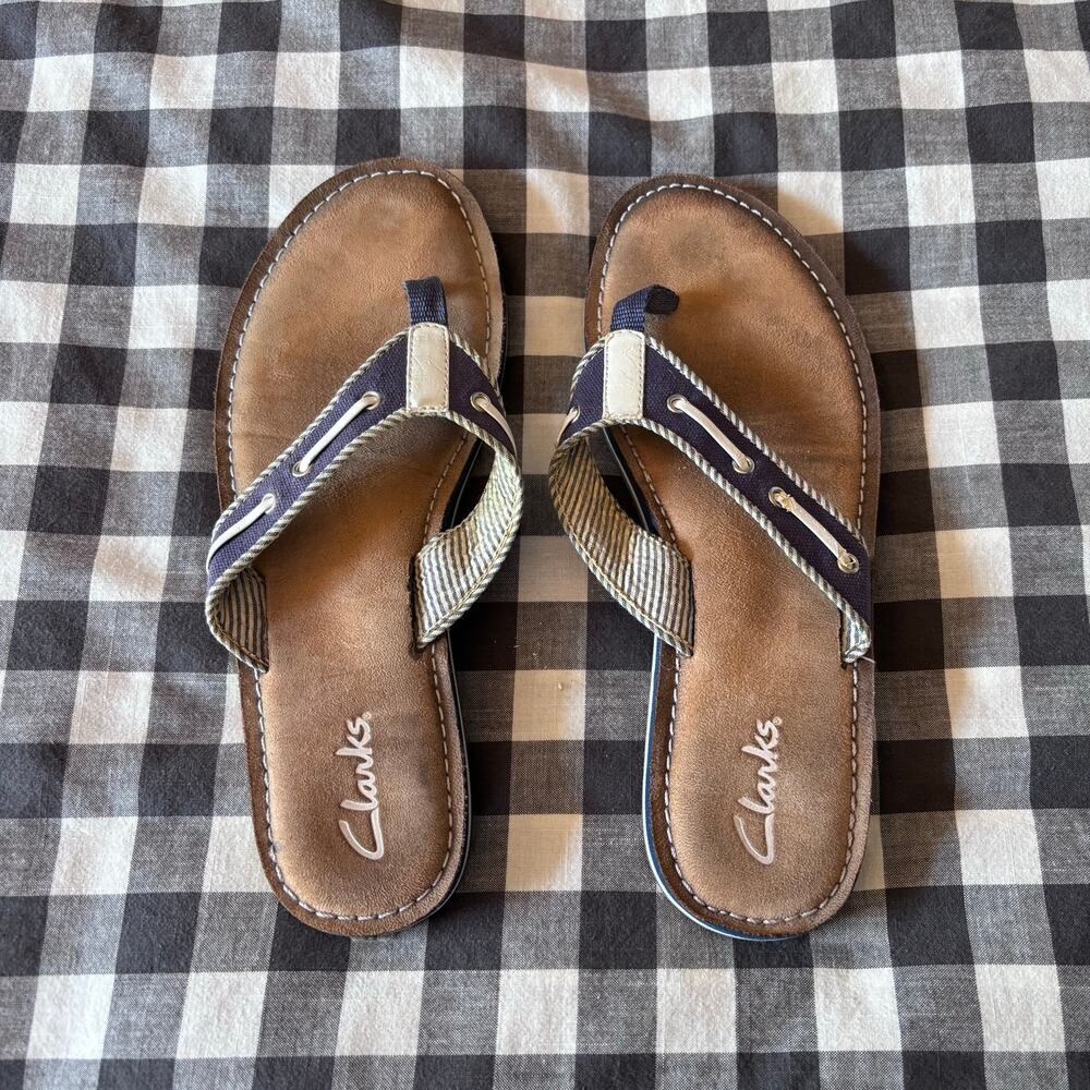 Clarks Navy Stripe‎ Canvas Thong Sandals Flip Flops Women’s Size 9